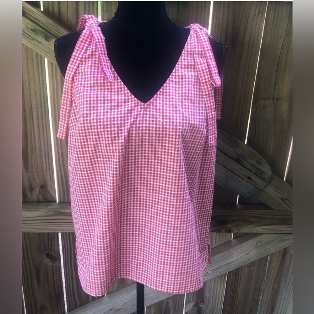 Kenar Red Gingham Sleeveless Tank Top Ties On the Shoulders Size L